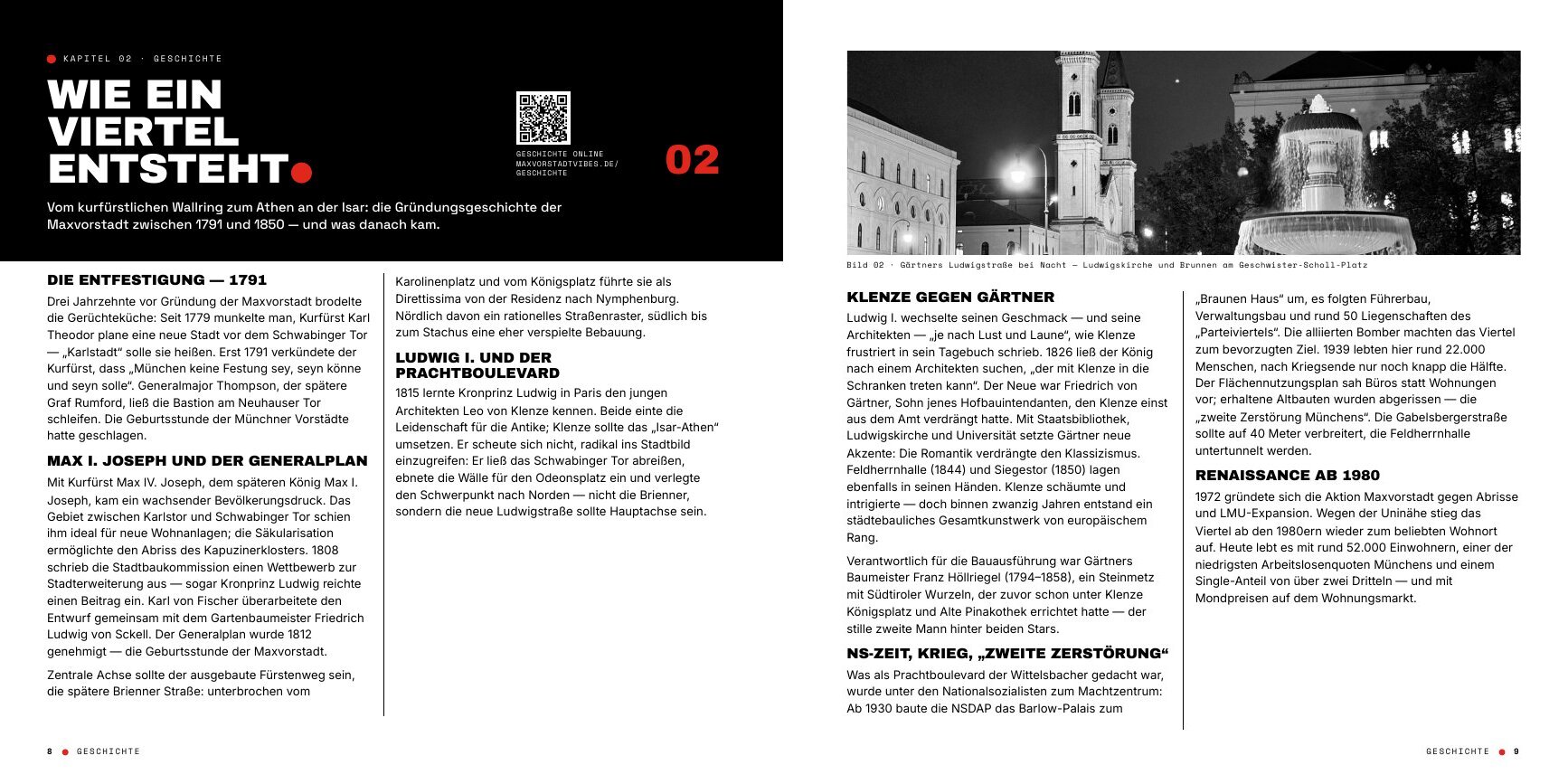 Doppelseite 8–9 des Buchs: Kapitel Geschichte mit großformatiger Typografie und Chronologie.